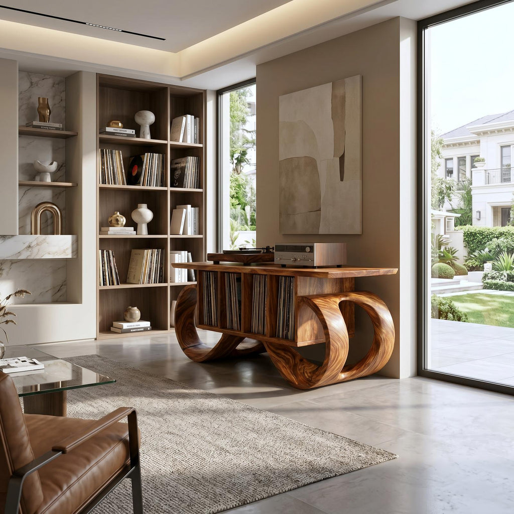Sculptural Loop Record Player Console, Handcrafted Curved Wood Turntable Stand & Vinyl Storage Cabinet, Model