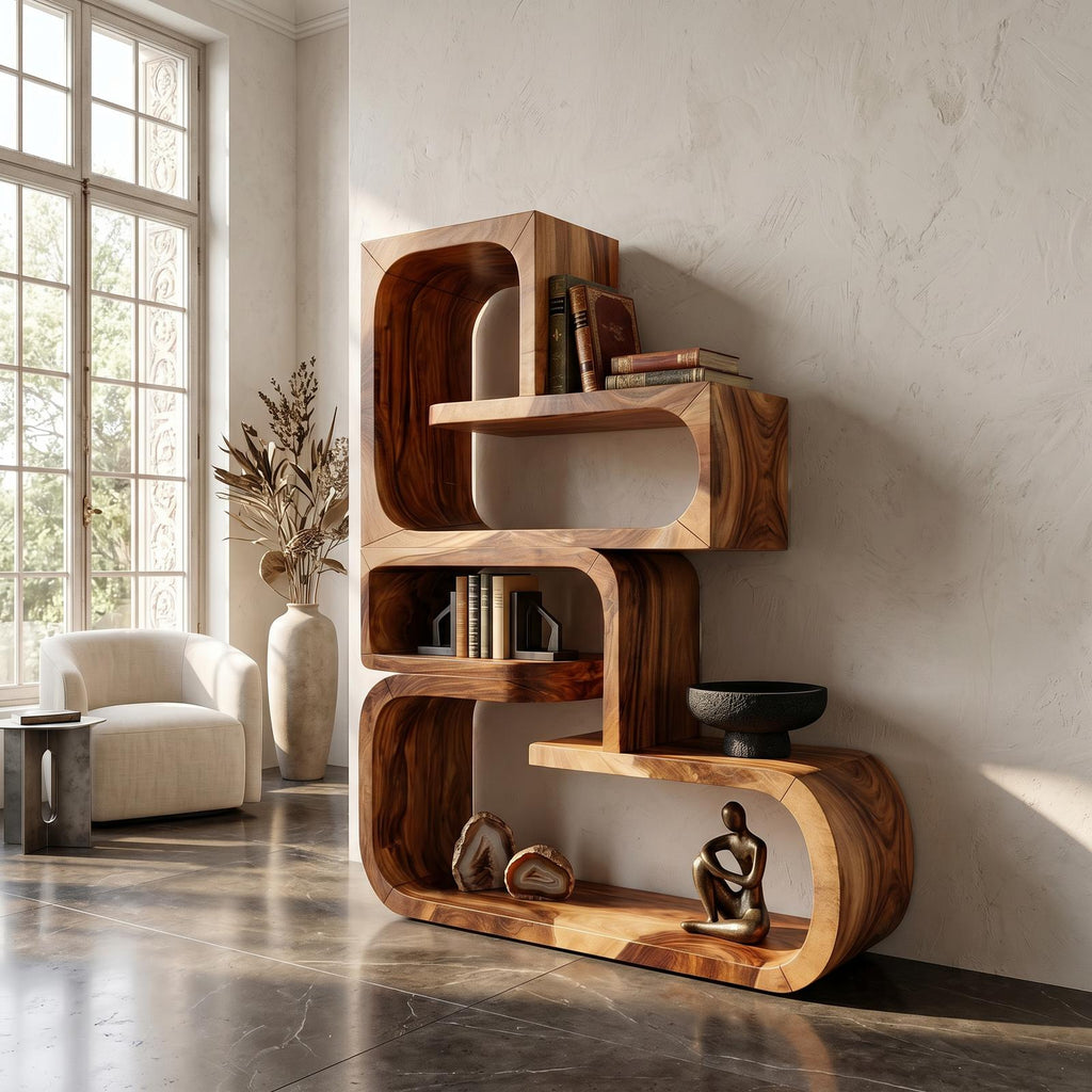 Contemporary Wave Edge Wooden Bookcase In Natural Finish SILDTTRBS056