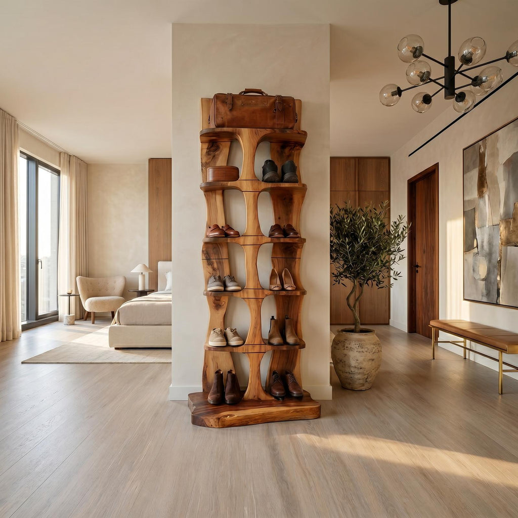 Mid-Century Tall Shoe Storage Rack, Wooden Multi-Tier Shoe Organizer Tower for Foyer & Entryway