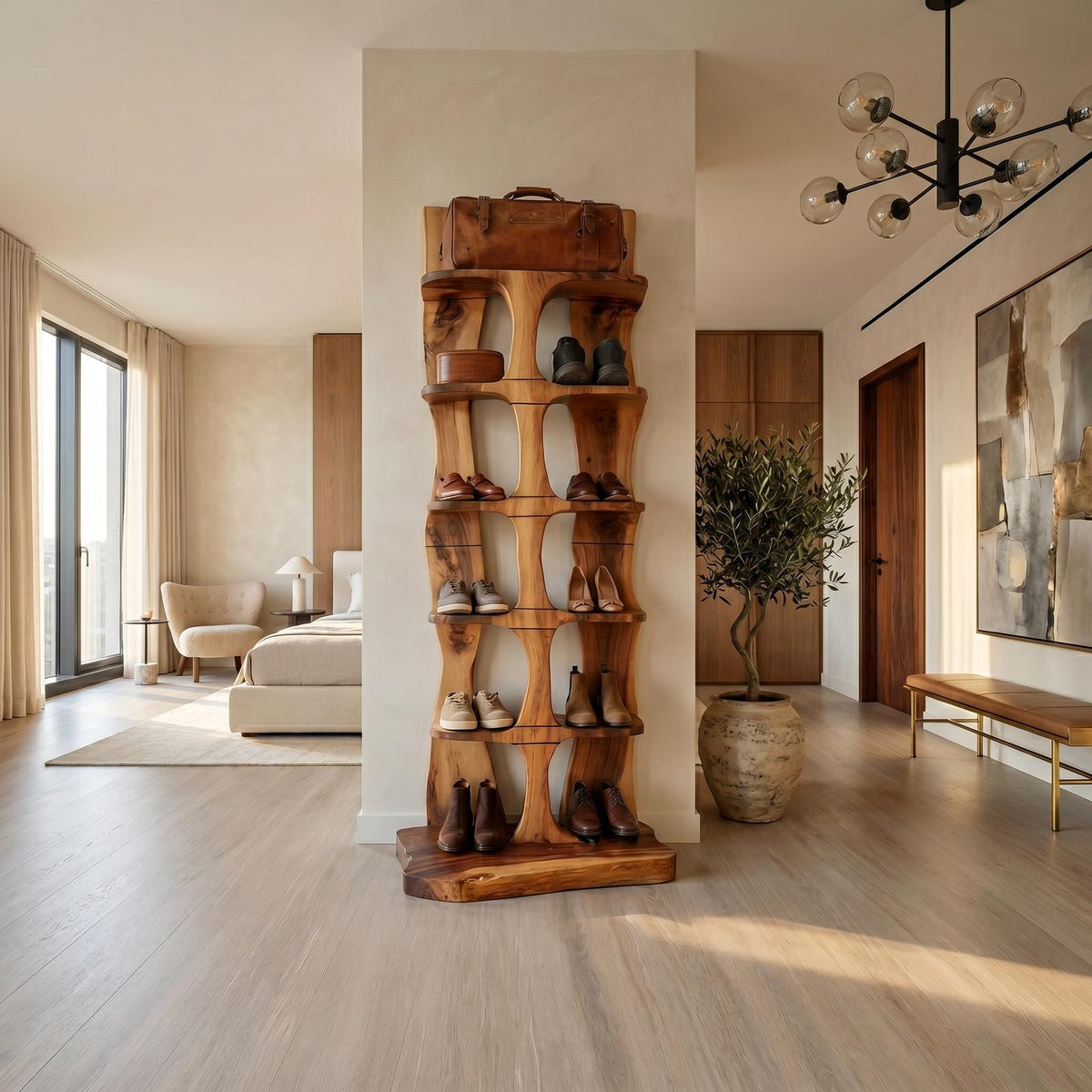 Mid-Century Tall Shoe Storage Rack, Wooden Multi-Tier Shoe Organizer Tower for Foyer & Entryway