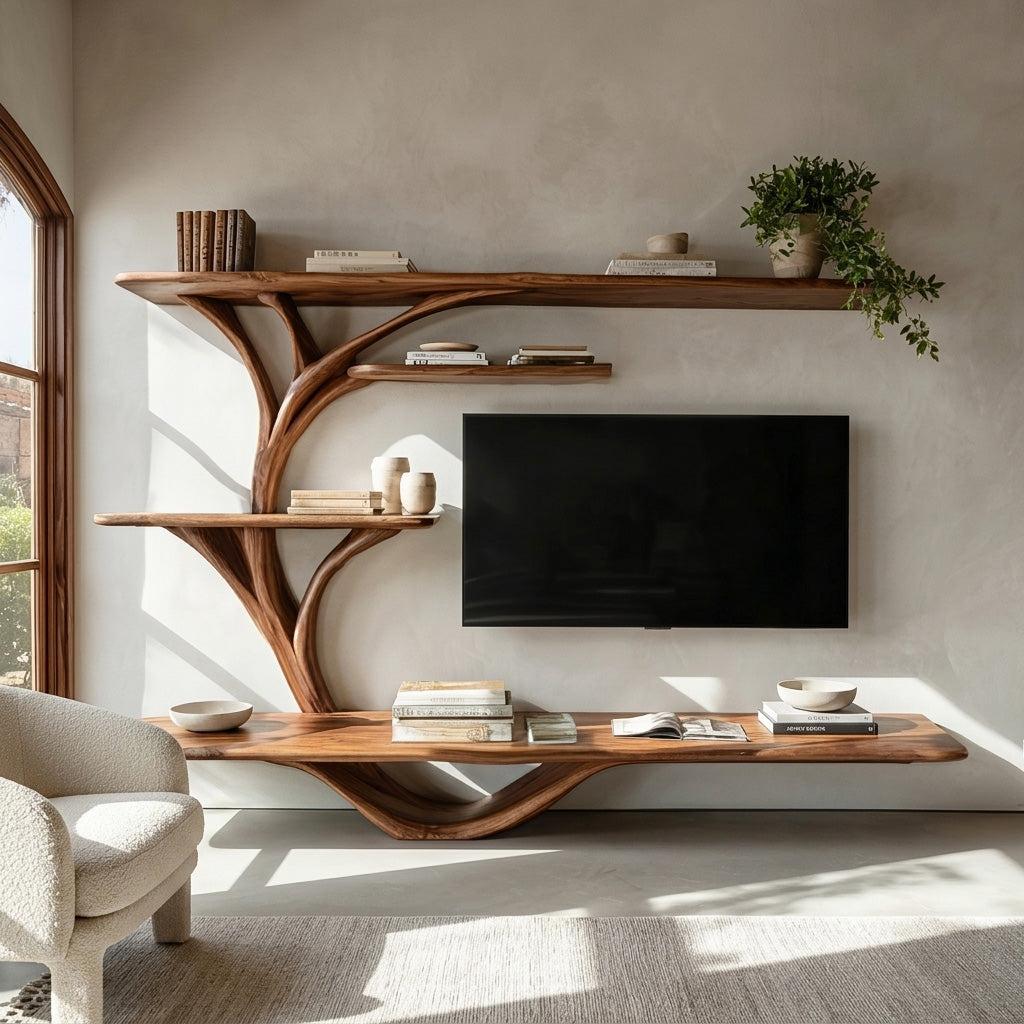 Organic TV Stand With Sculptural Branch Shelves For Living Room