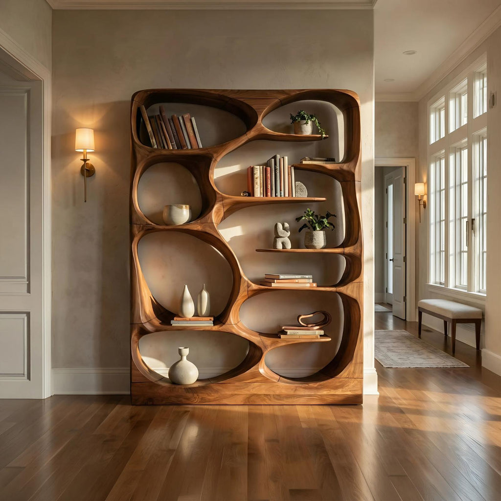 Modern Sculptural Wood Bookshelf, Handcrafted Artistic Storage Organizer Display Case Cabinet for Living Room