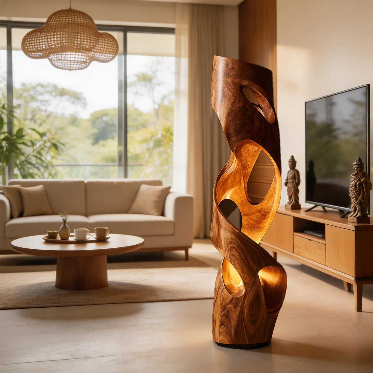 Organic Accent Table Lamp, Natural Wood Decorative Light for Kitchen, Dining & Living Room