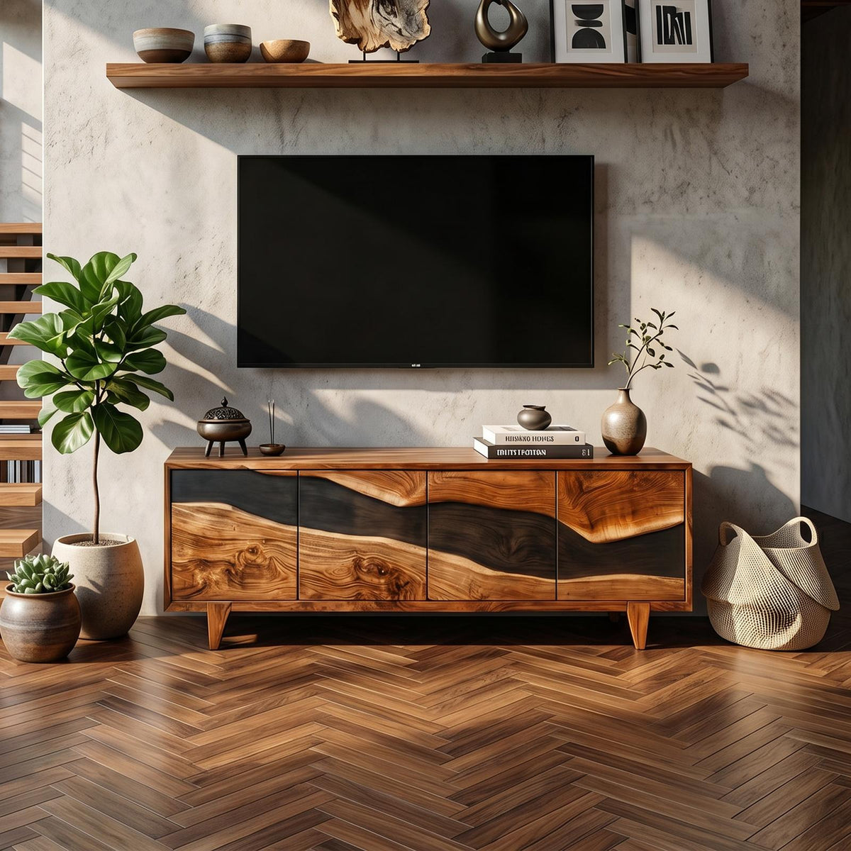 Farmhouse Solid Wood Media Console, Rustic Wooden TV Stand & Entertainment Center for Living Room Decor
