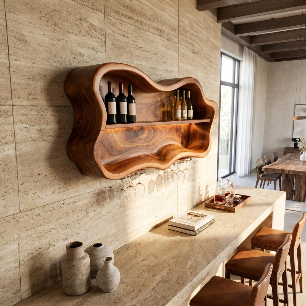 Modern Wood Wine Rack & Glass Holder, Solid Wooden Countertop Bottle Display Stand and Stemware Storage Hanger for Dining Area
