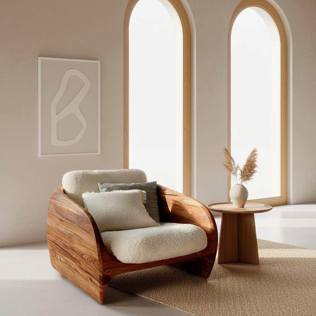 Modern Organic Natural Wood Chair, Ergonomic Handcrafted Solid Wood Accent Lounge Chair for Cozy Living Room, Model