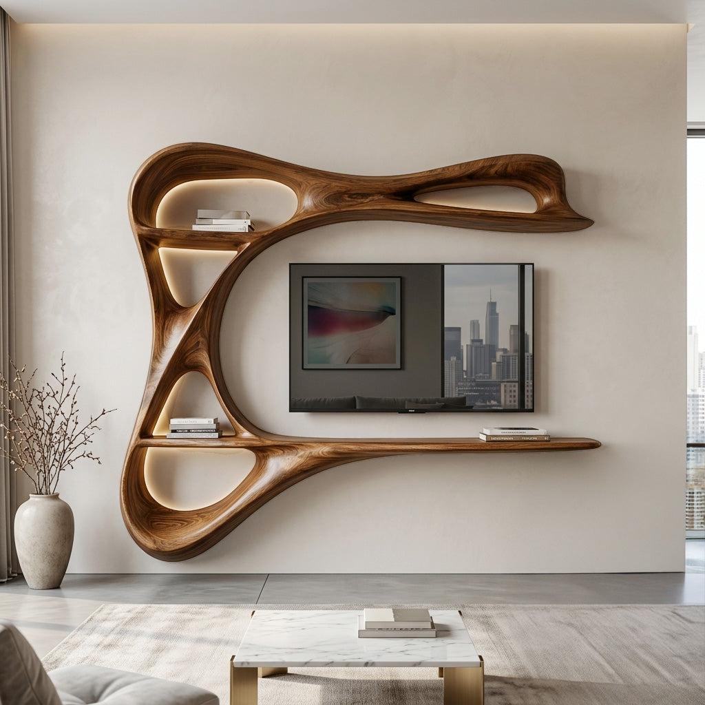 Contemporary Carved Frame TV Console With Integrated Shelves For Home