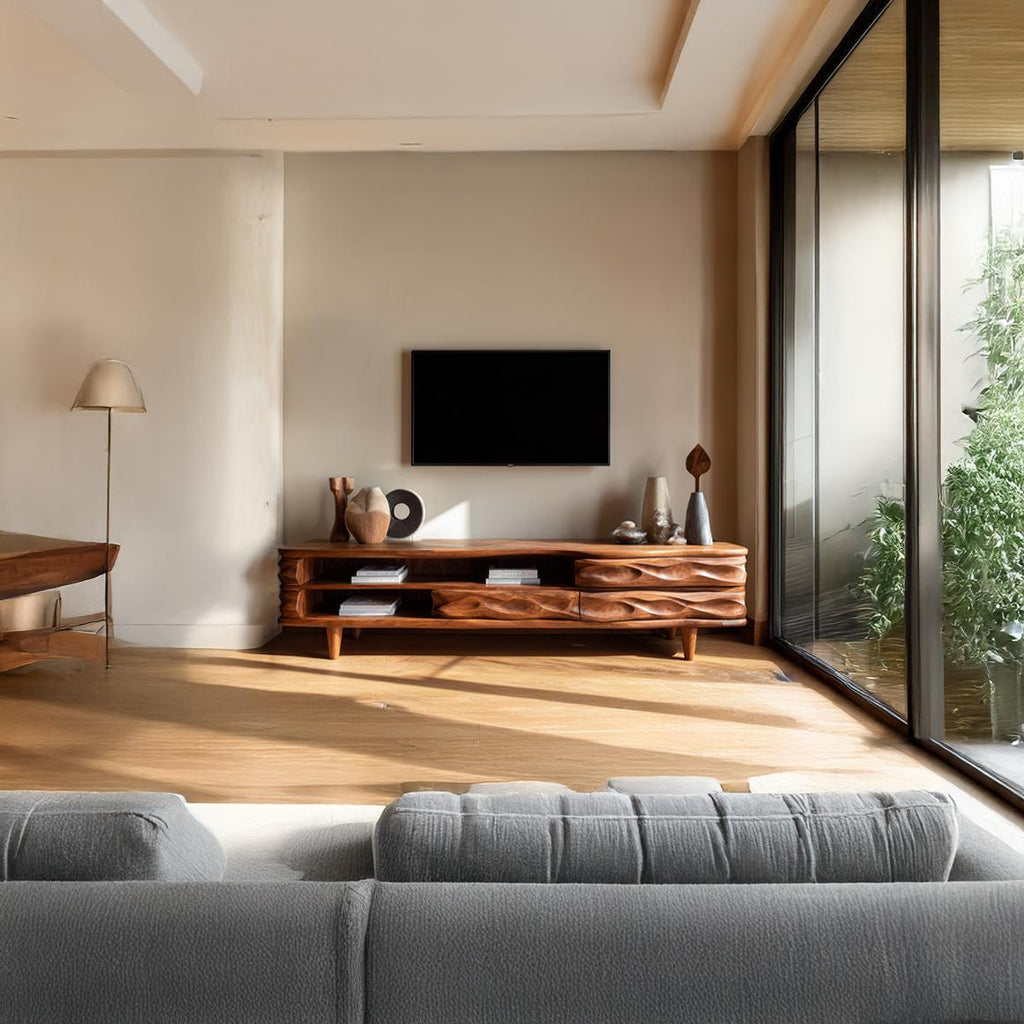 Mid-Century Sculpted Wooden TV Stand, Solid Hardwood Television Console Cabinet, Modern Living Room Entertainment Center