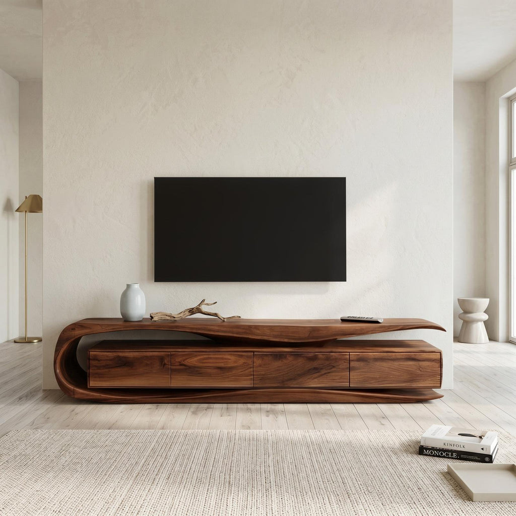 Modern Organic TV Console Table, Handcrafted Solid Wood Media Center Cabinet Sideboard Credenza for Living Room