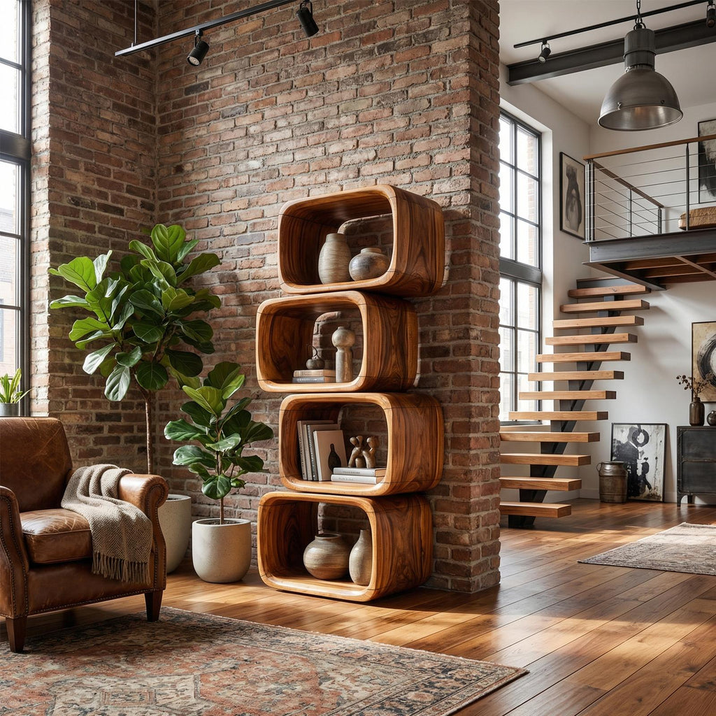 Japandi Asymmetrical Bookshelf, Minimalist Wooden Bookcase Storage Shelf for Bathroom & Living Room