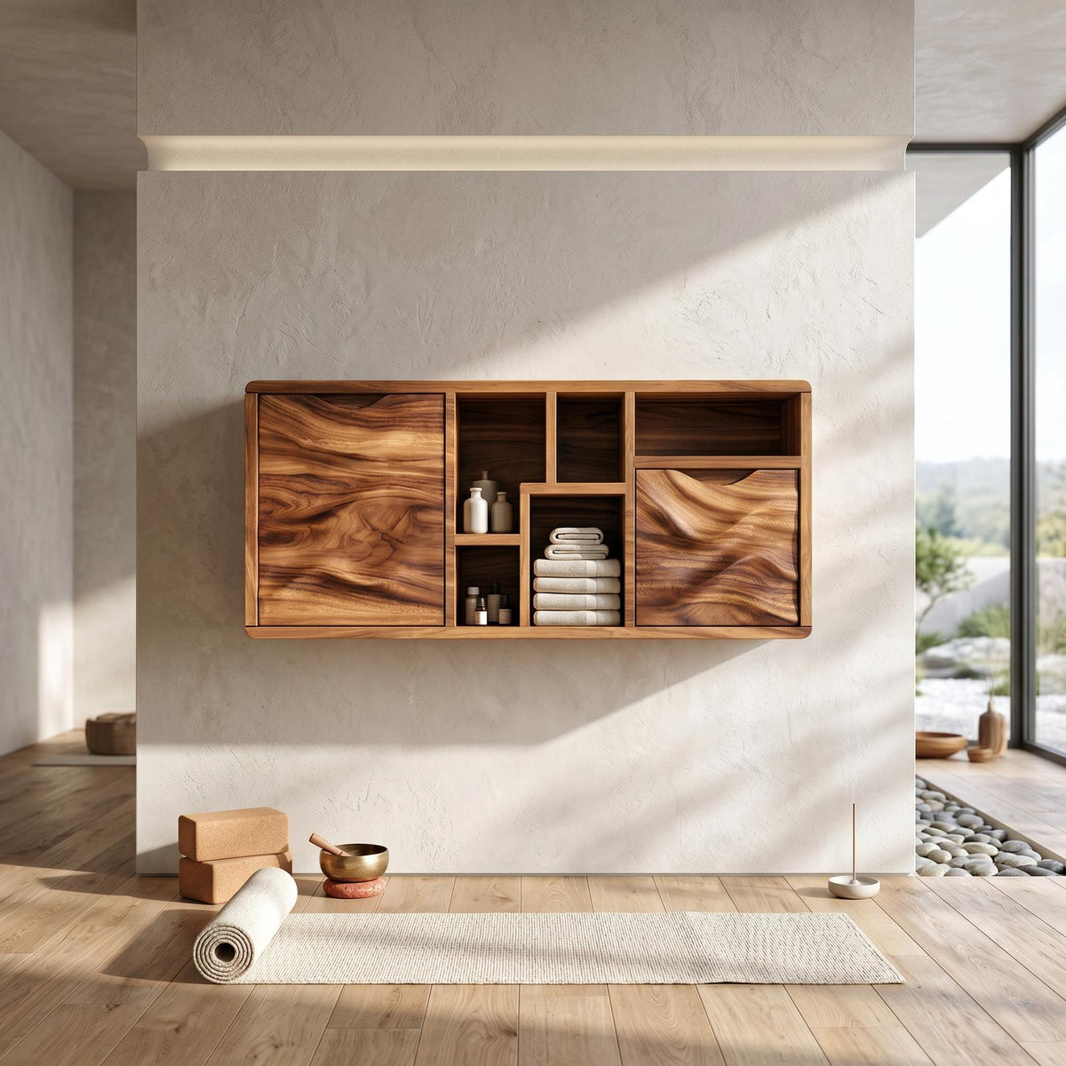 Spry Interior Organic Wave Panel Bathroom Cabinet, Solid Wood Spa Lounge Wall Mounted Storage Vanity, SILDTTRBRC013