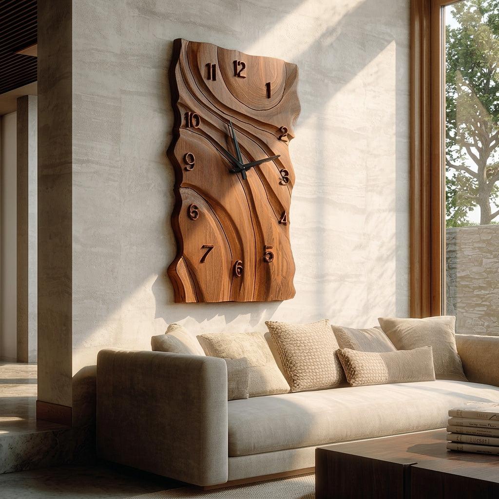 Rustic Wooden Wall Clock, Hand-Carved Abstract Geometric Design Wood Clock for Home & Living Room Decor