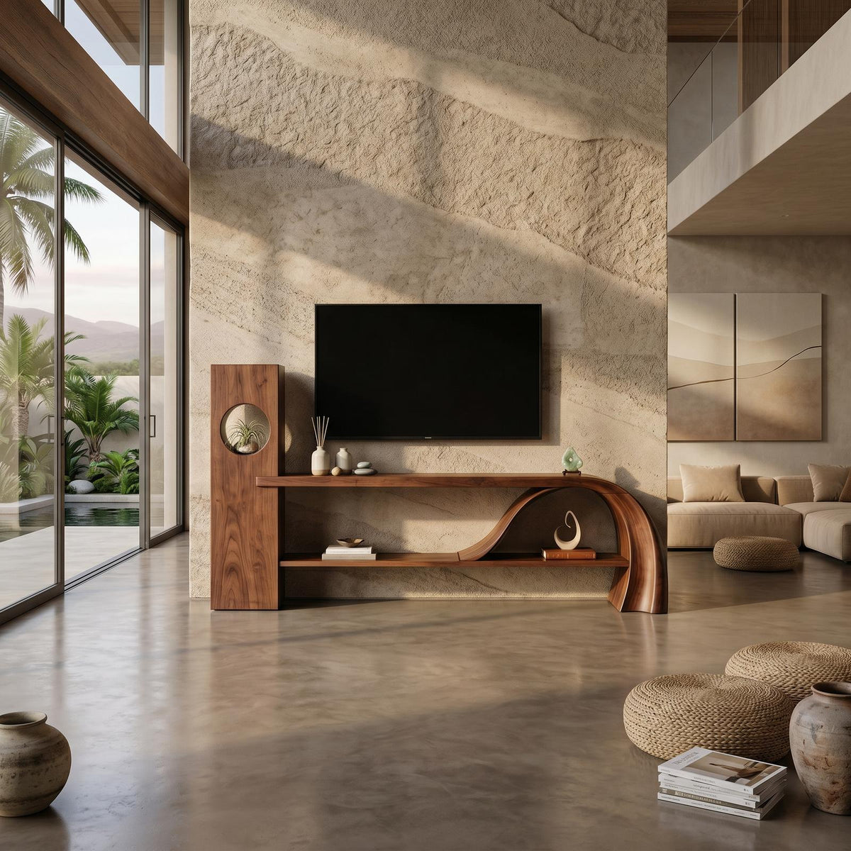 Minimalist Organic TV Stand, Wooden Media Console Cabinet & Living Room Entertainment Center