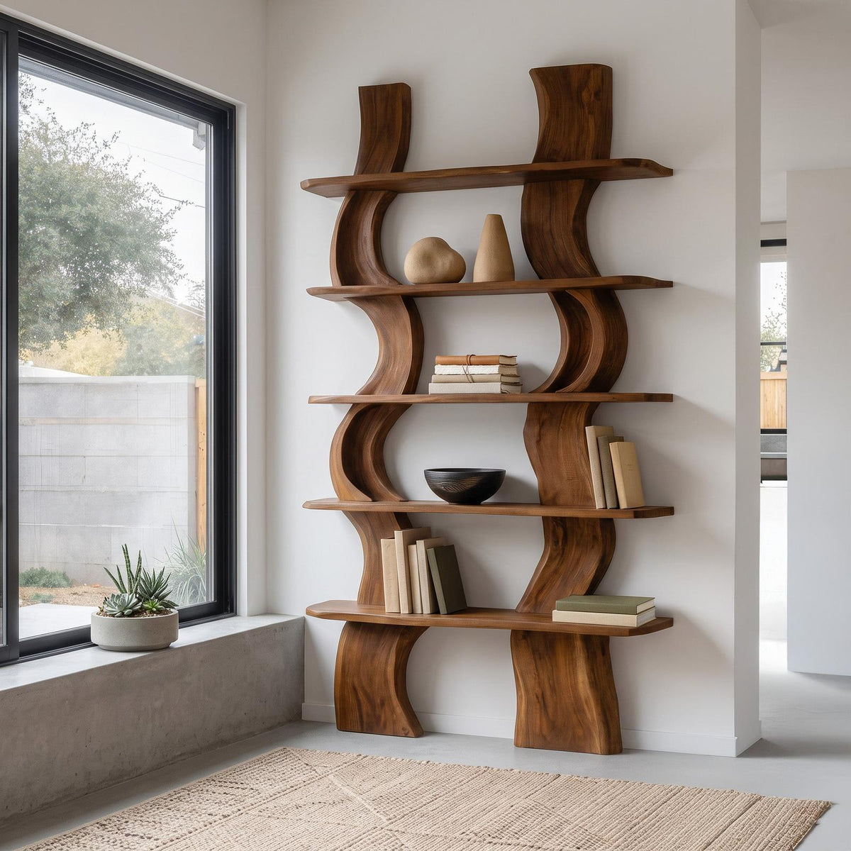Organic Carved Wood Shelf Storage & Bookcase Display Unit, Solid Wood Accent Shelving for Home Office or Living Room