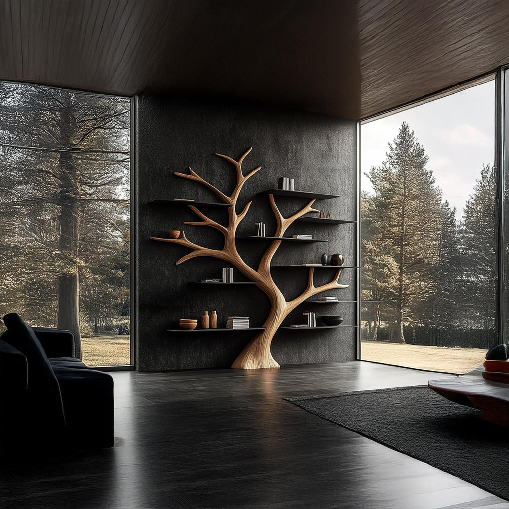 Rustic Wide Tree Bookshelf, Solid Wood Multi-Tier Floating Wall Bookcase for Home Office, Living Room Display & Storage