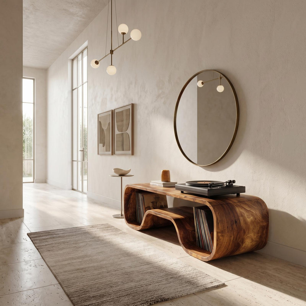 Japandi Curved Wood Record Player Stand, Handcrafted Minimalist Vinyl storage Turntable Console Cabinet, Model