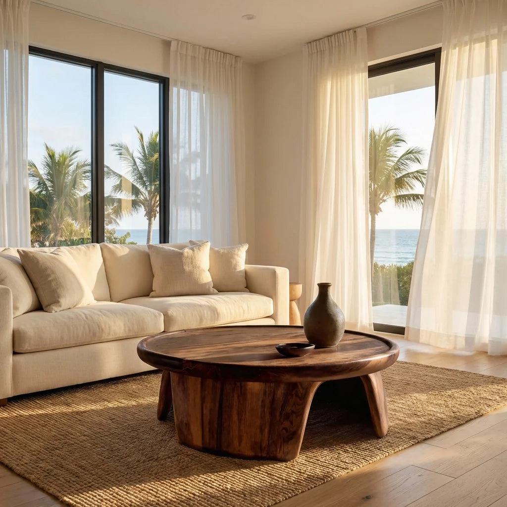 Modern Wooden Coffee Table with Triple Pedestal Base, Unique Round Wood Center Table for Living Room, Model