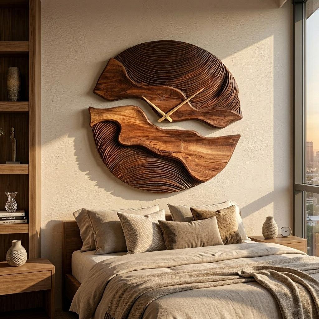 Organic Wooden Wall Clock, Handcrafted Unique Shape Solid Wood Timepiece for Designer Living Room