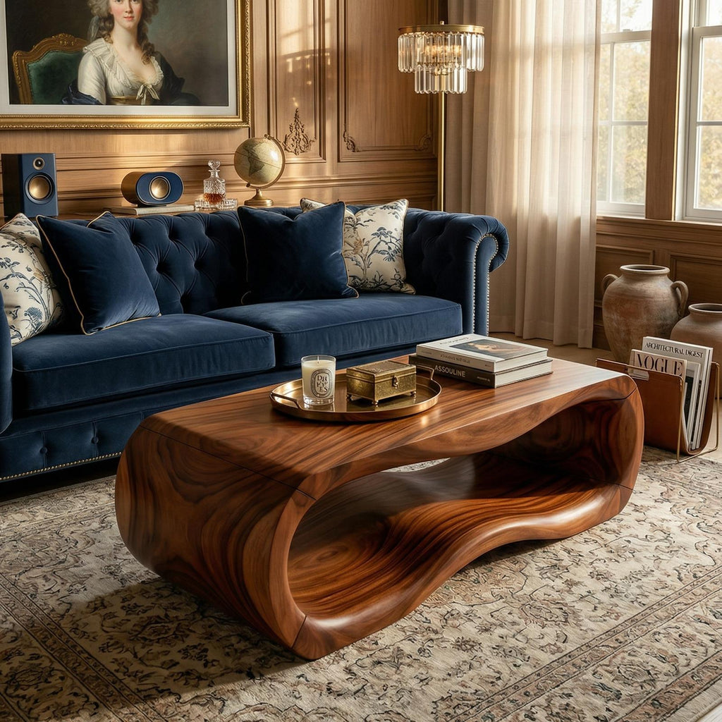 Luxury Sculptural Wood Coffee Table, Solid Wood Contemporary Accent Center Table for Designer Villa and Living Room