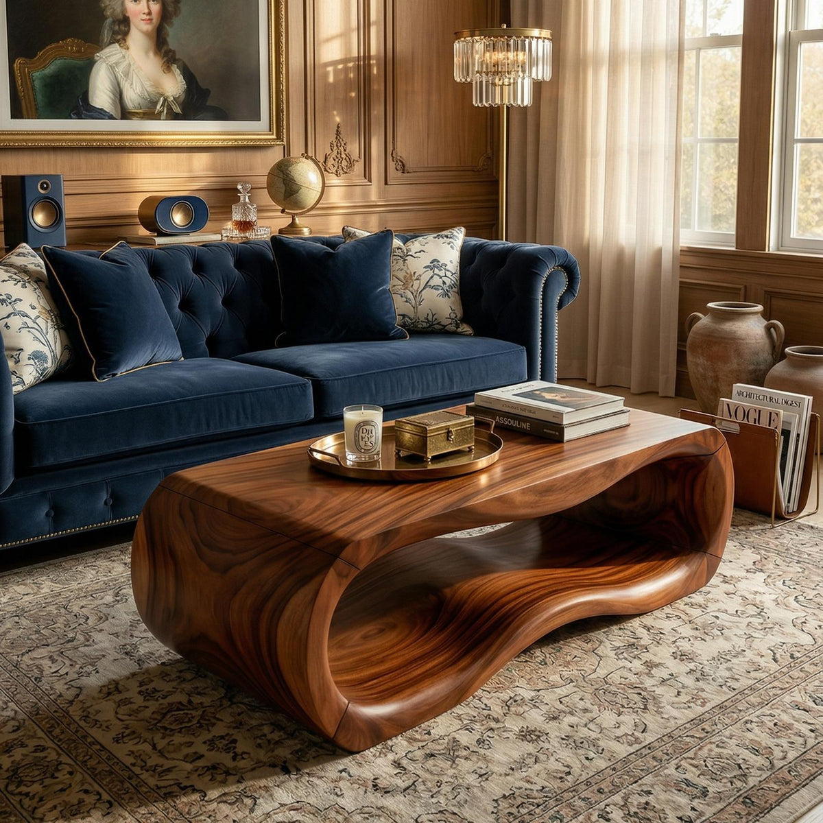 Luxury Sculptural Wood Coffee Table, Solid Wood Contemporary Accent Center Table for Designer Villa and Living Room