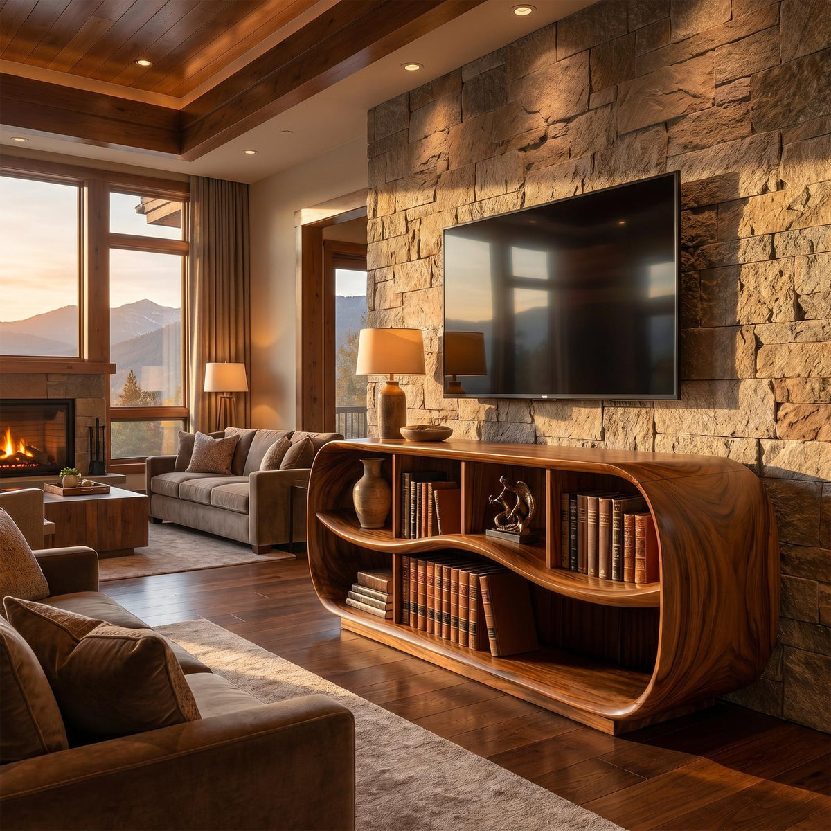 Contemporary Rounded TV Console, Modern Wooden Media Cabinet & Living Room Sideboard