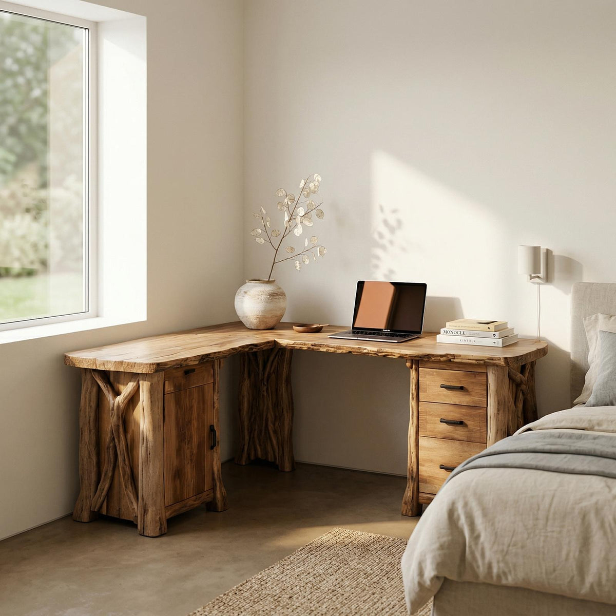 Modern Rustic L-Shape Office Desk with Storage, Solid Wood Corner Workstation, Study Writing Table