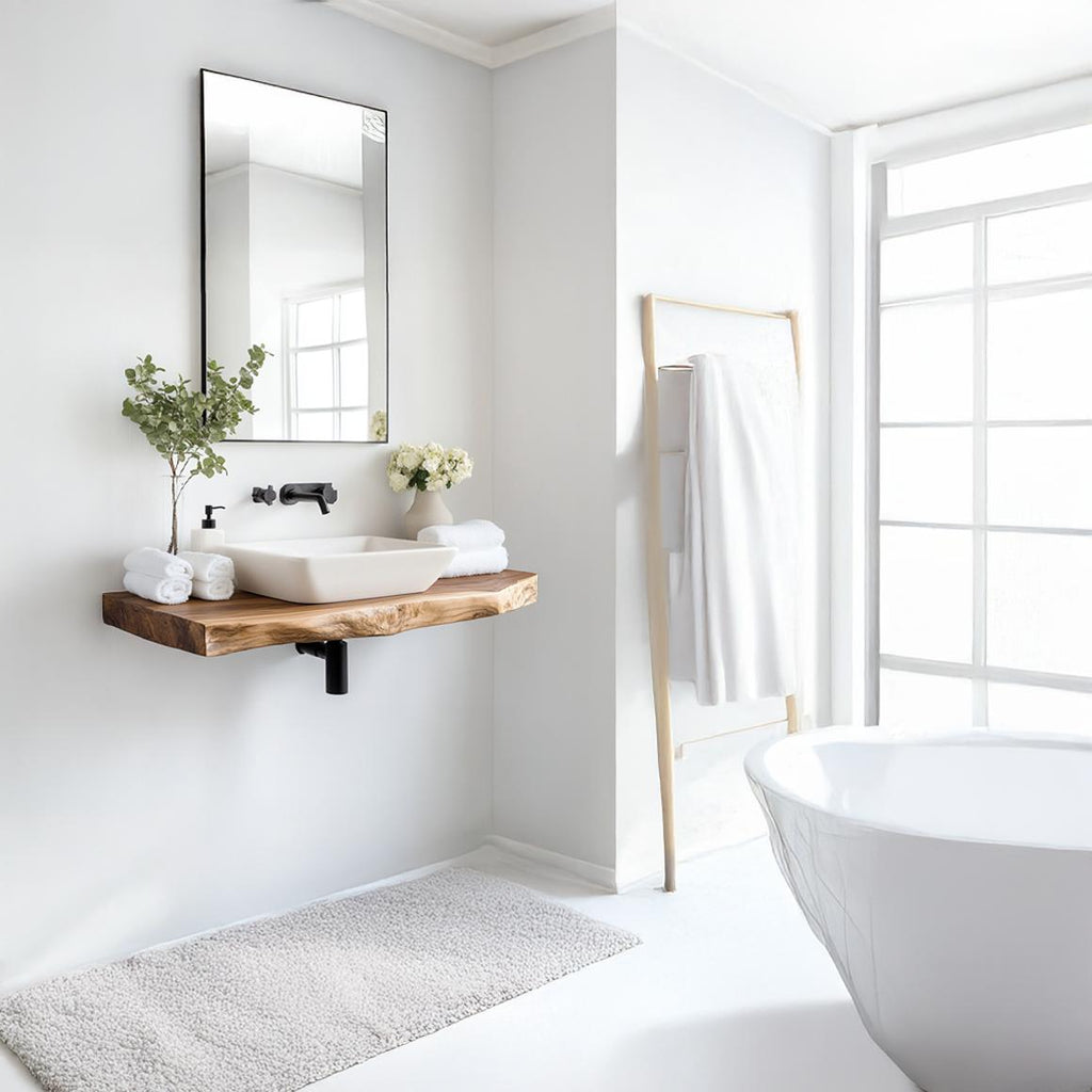 Teezano Mid Century Floating Bathroom Vanity Shelf, Natural Solid Wood Single Washstand, Wall Mounted Bathroom Storage Console SINLSABRV225
