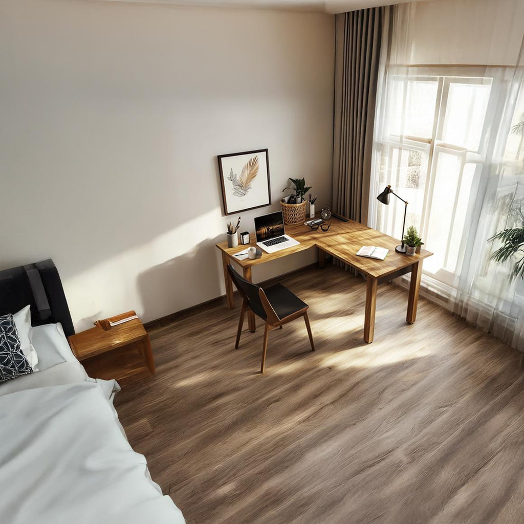 Contemporary Computer Corner Desk, Space Saving Solid Wood Writing L-Shaped Table for Home Office & Work Area
