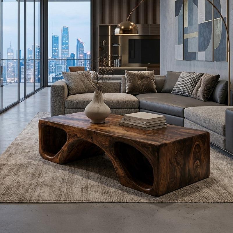 Spry Interior Contemporary Natural Wood Coffee Table, Unique Organic Form Solid Wood Center Table for Living Room, Model RTTHHNCF075