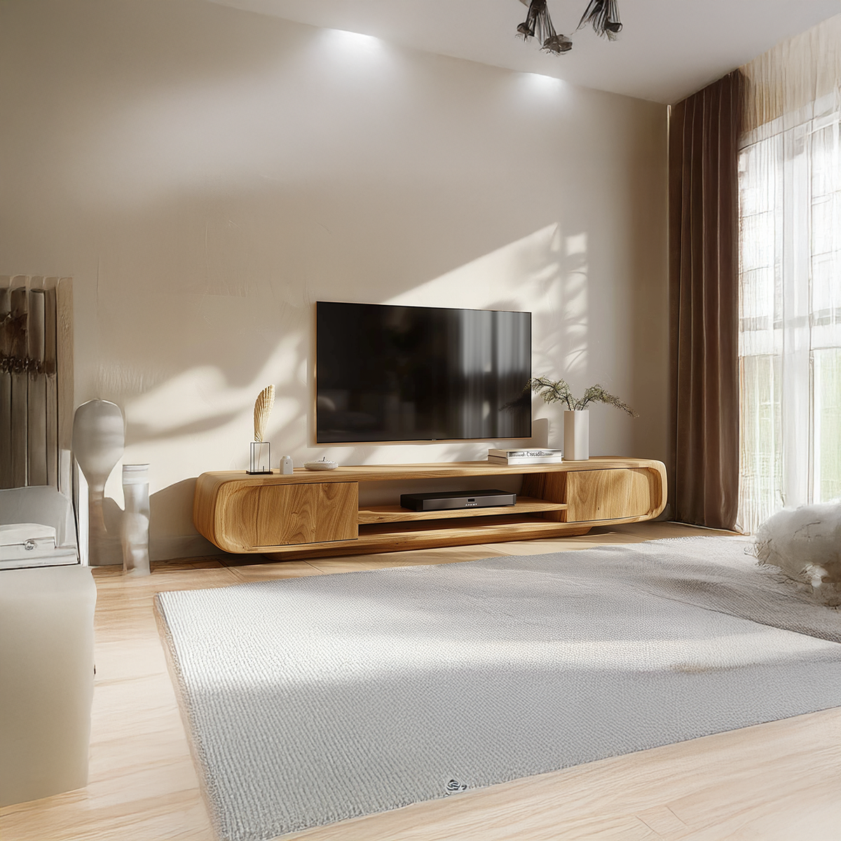 Modern Rounded Solid Wood TV Stand, Curved Edge Media Console Cabinet, Low Profile Entertainment Center for Lounge