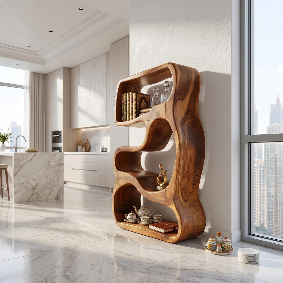 Minimalist Wooden Bookshelf Featuring Curved Side Panels