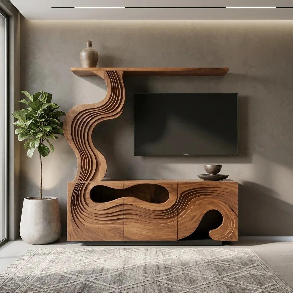 Sculptural Carved Wooden TV Stand With Display Shelf For Living Room
