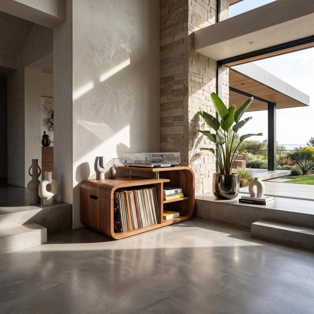 Contemporary Curved Wooden Record Player Stand, Handcrafted Modern Vinyl LP Storage Cabinet & Console, Model