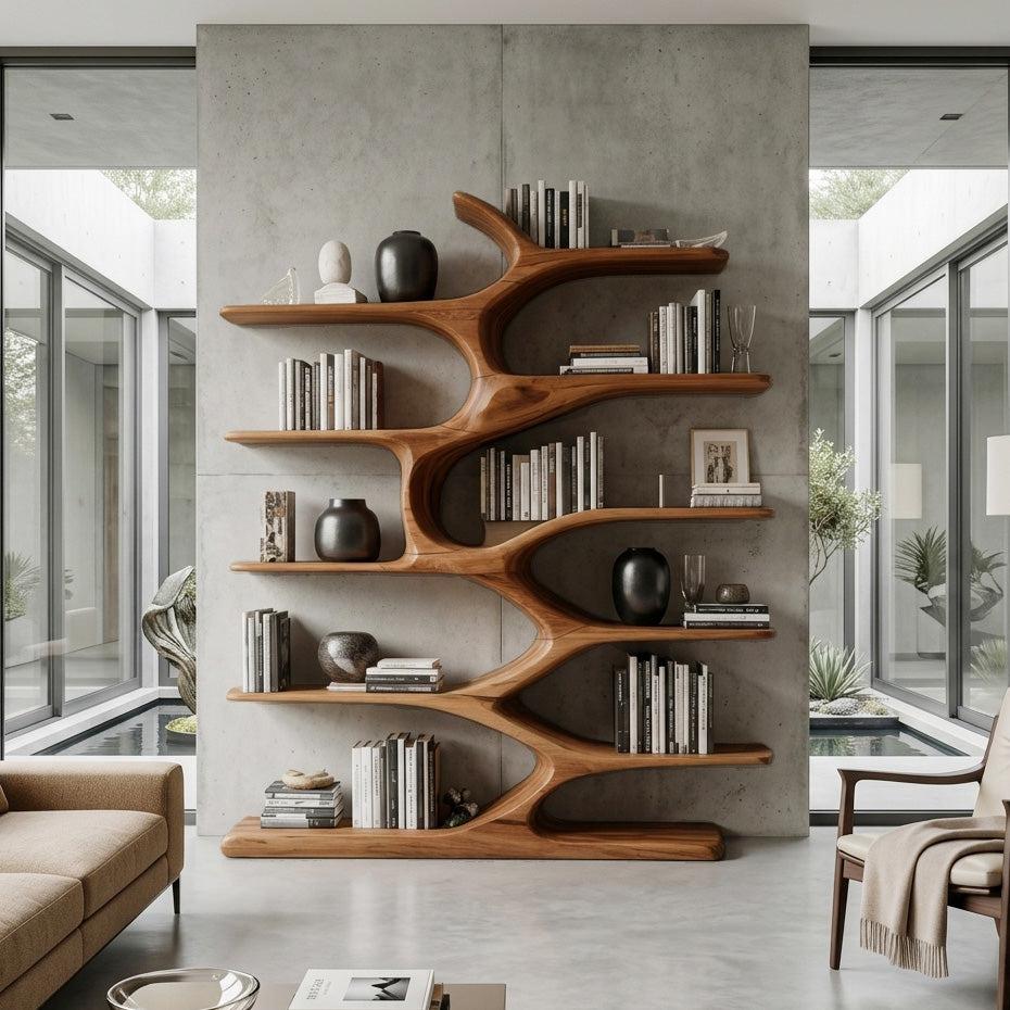 Modern Sculptural Bookshelf With Organic Design For Living Room