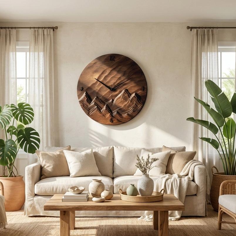Rustic Wood Landscape Wall Clock, Handcrafted Nature Inspired Wooden Timepiece for Cabin & Living Room