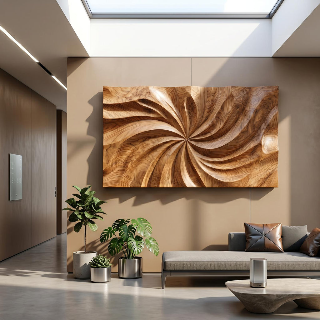 Modern Wood Wall Art with Swirl Relief, 3D Abstract Wave Carved Wall Panel Decor