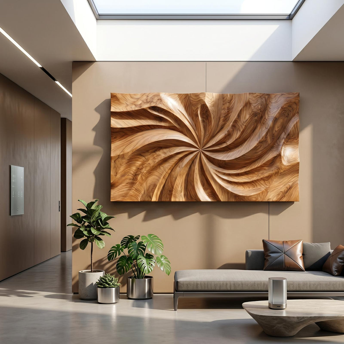 Modern Wood Wall Art with Swirl Relief, 3D Abstract Wave Carved Wall Panel Decor