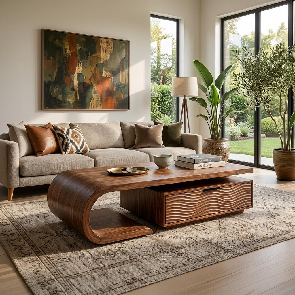 Modern Wooden Coffee Table with Storage Cabinet, Handcrafted Solid Wood Living Room Center Table, Model