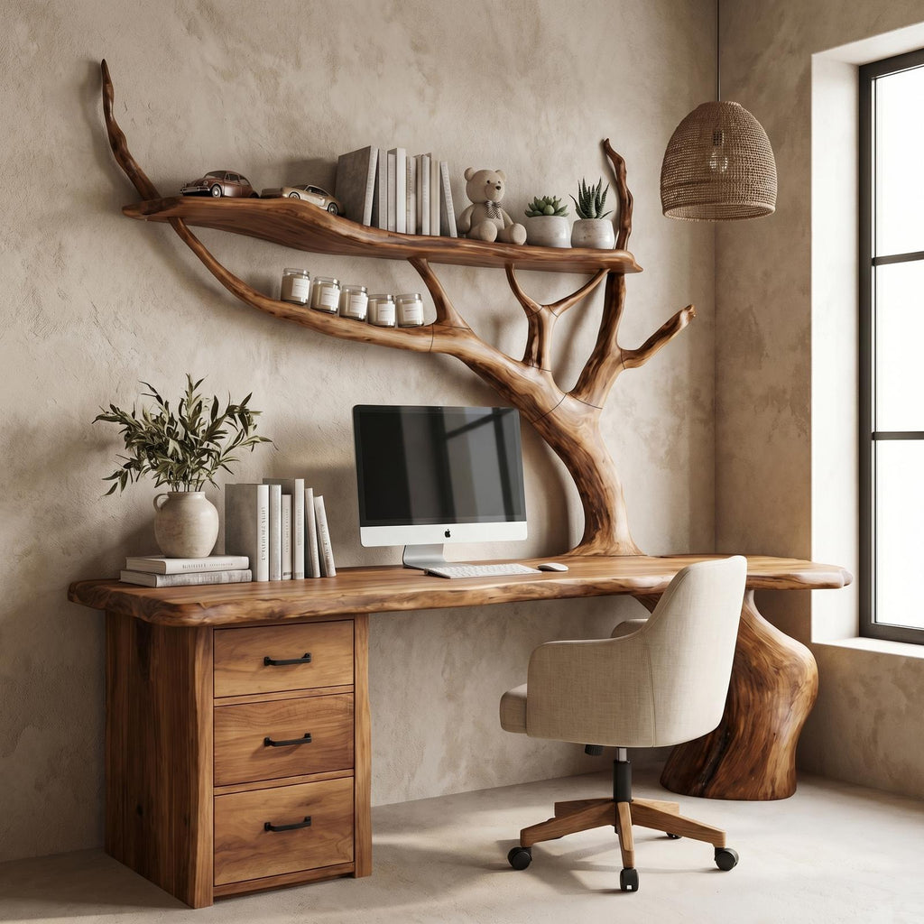 Nature-Inspired Tree Branch Desk, Sculptural Solid Wood Corner Workstation for Home Office, Study Table