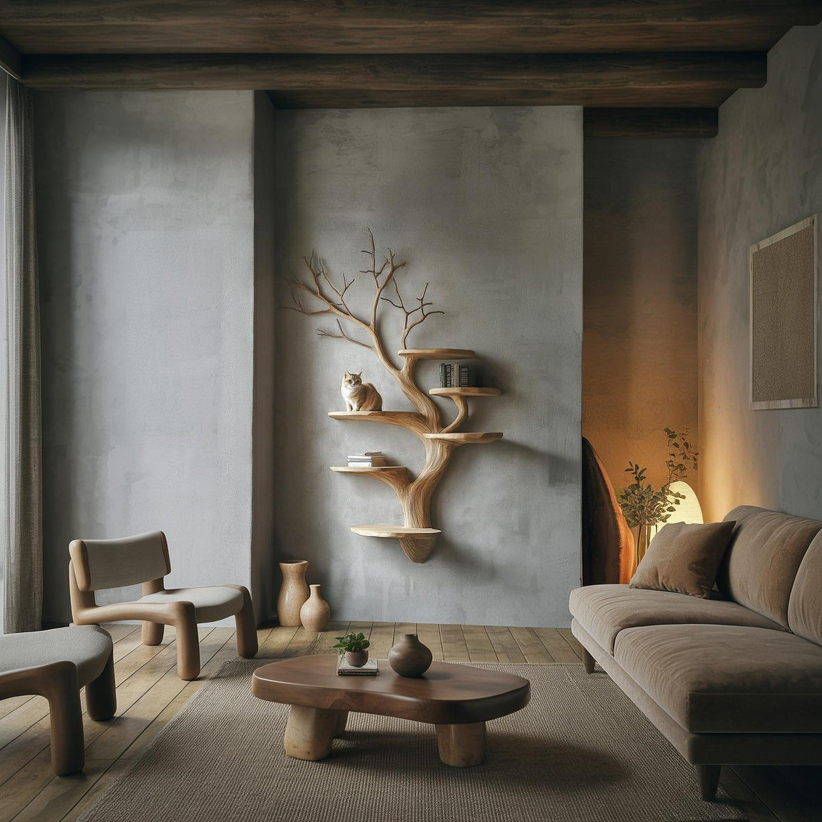 Organic Modern Wood Tree Display Shelf, Handcrafted Floating Branch Wall Mounted Bookcase for Living Room Art