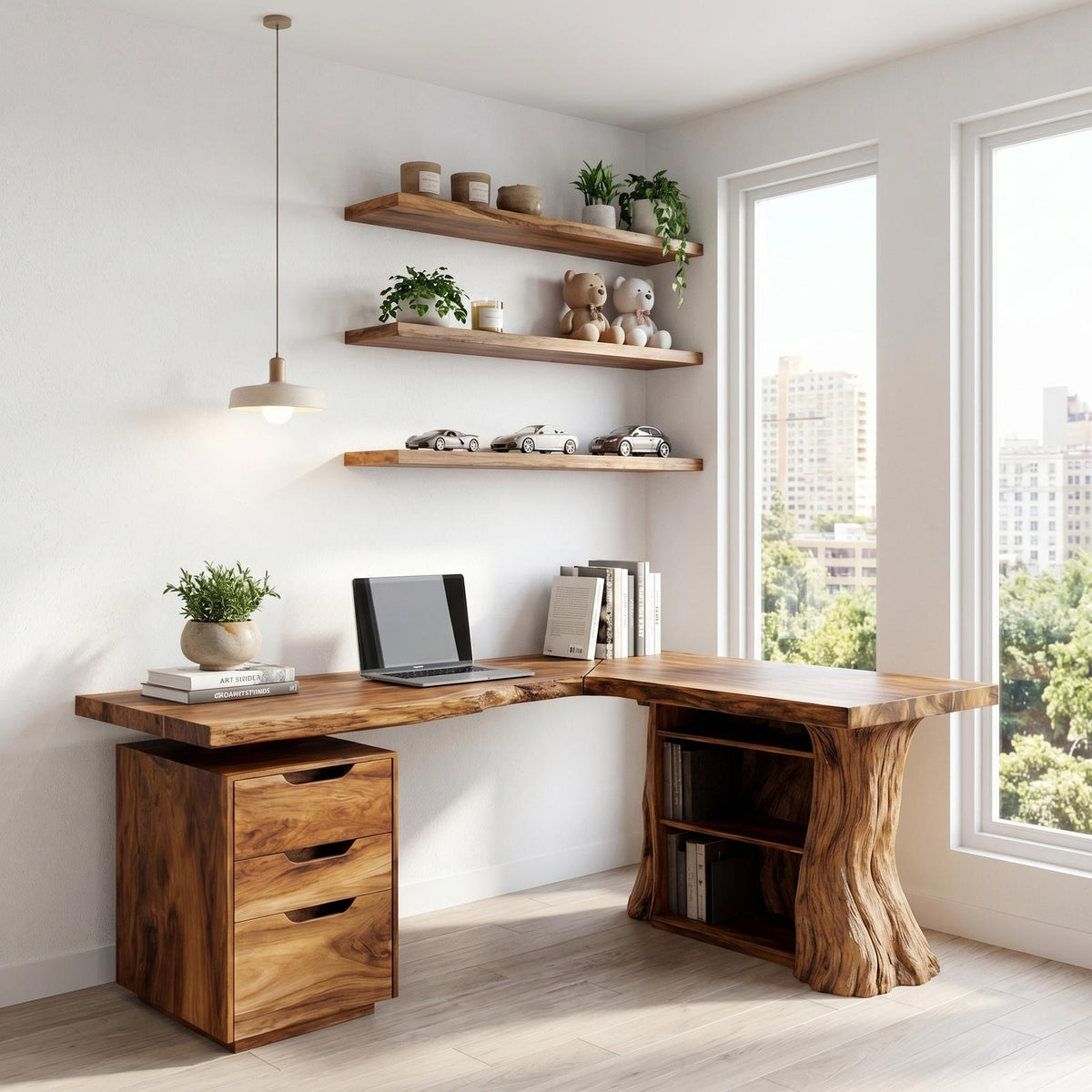 Organic Tree Branch Corner Desk with Integrated Floating Wall Shelf, Solid Wood Home Office Workstation