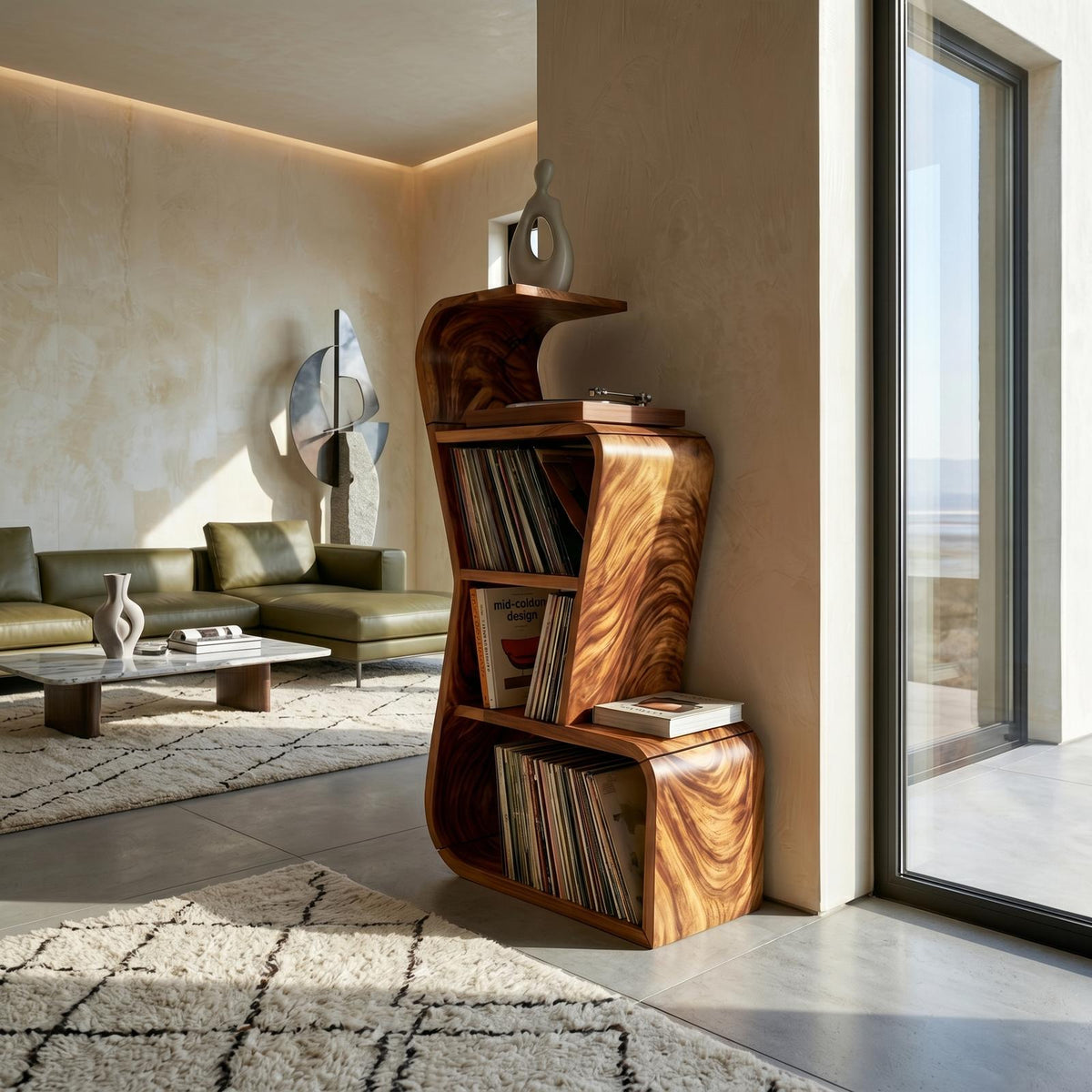 Modern Sculptural Wood Vinyl Record Stand, Handcrafted Premium Turntable Cabinet & LP Storage Rack, Model