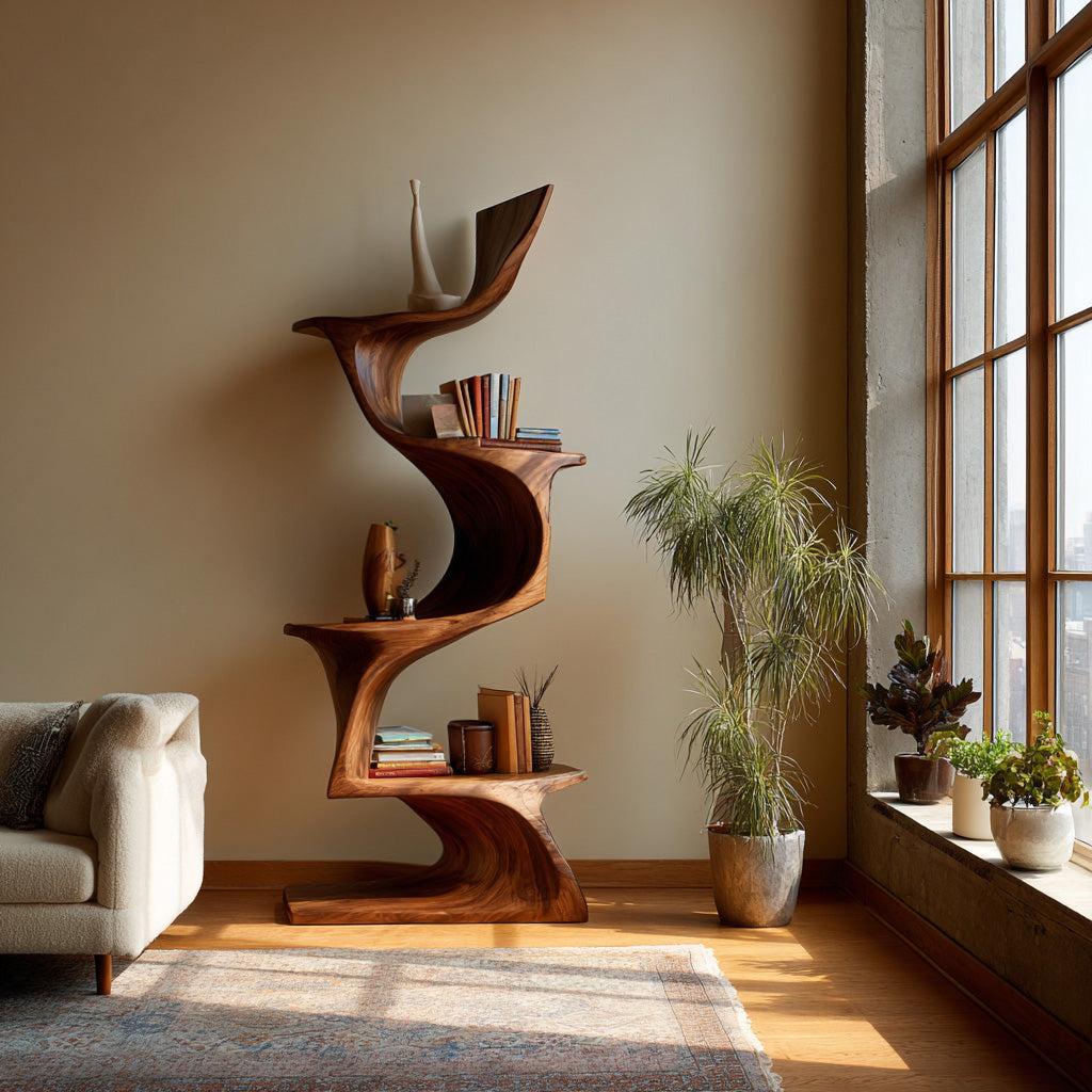 Organic Modern Natural Wood Bookshelf, Handcrafted Solid Wood Corner Bookcase for Living Room & Office Decor