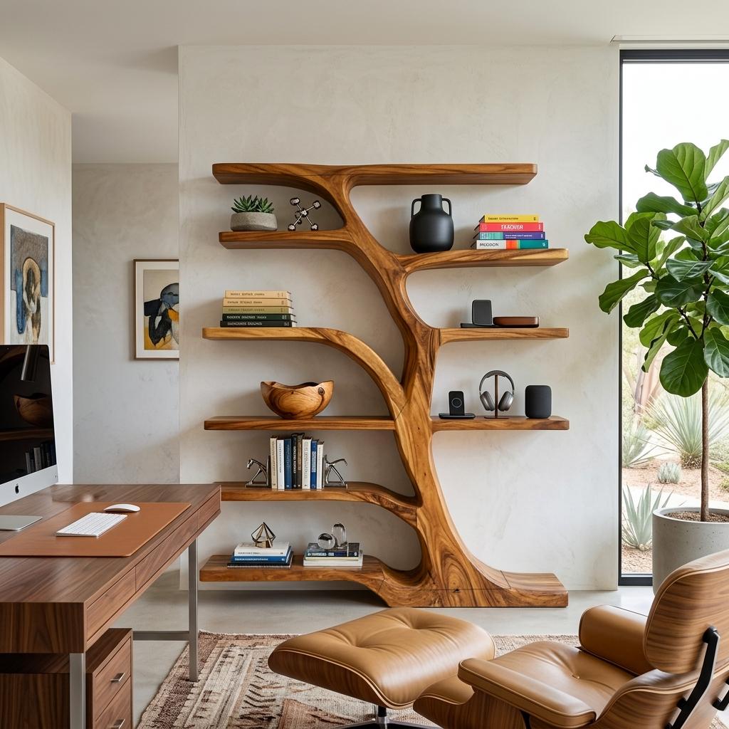 Modern Bookshelf with Flowing Curved Design, Handcrafted Solid Wood Bookcase for Elegant Living Room Display