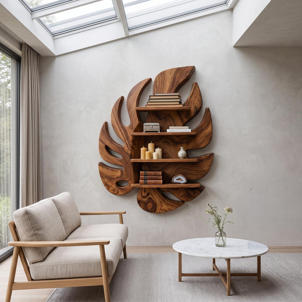 Modern Wooden Leaf Floating Bookshelf, Handcrafted Wall Mounted Solid Wood Display Shelf for Living Room & Nursery