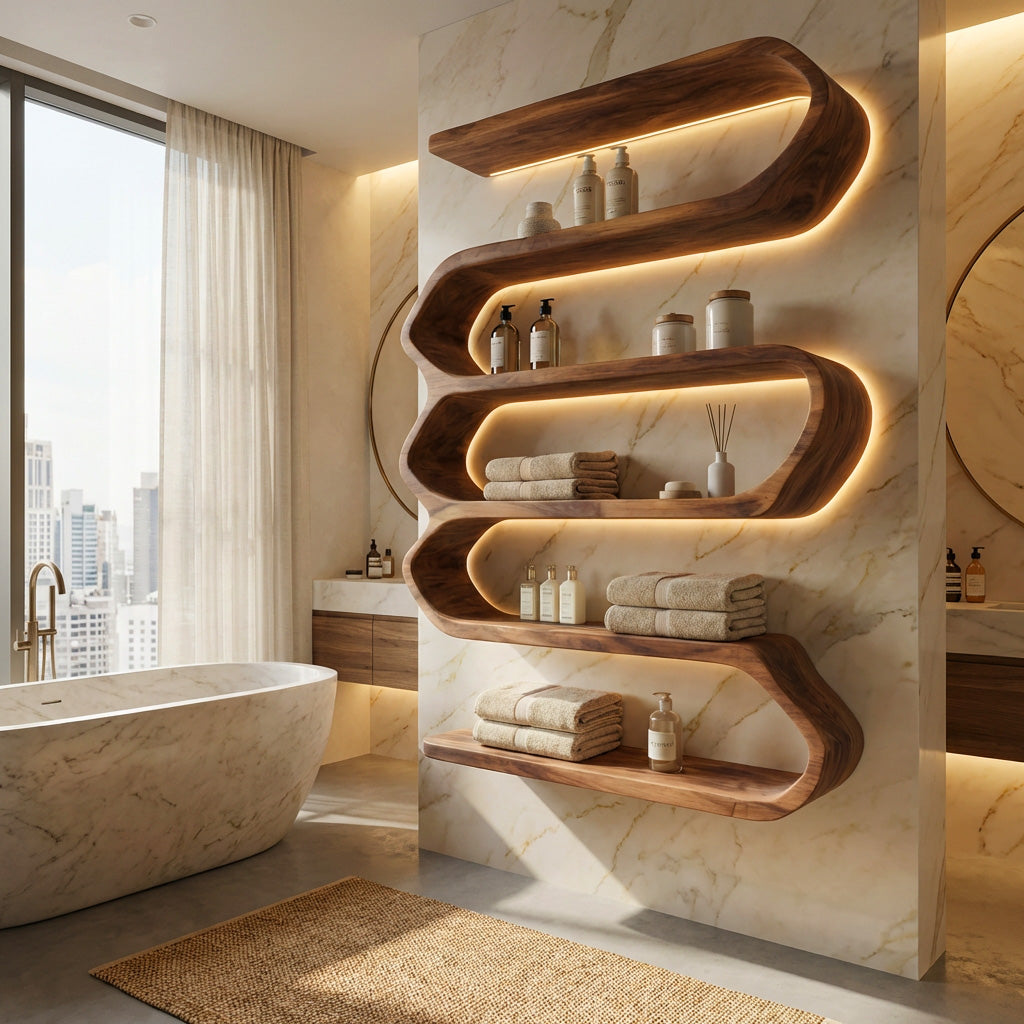 Organic Natural Wood Bathroom Shelf For Spa Style