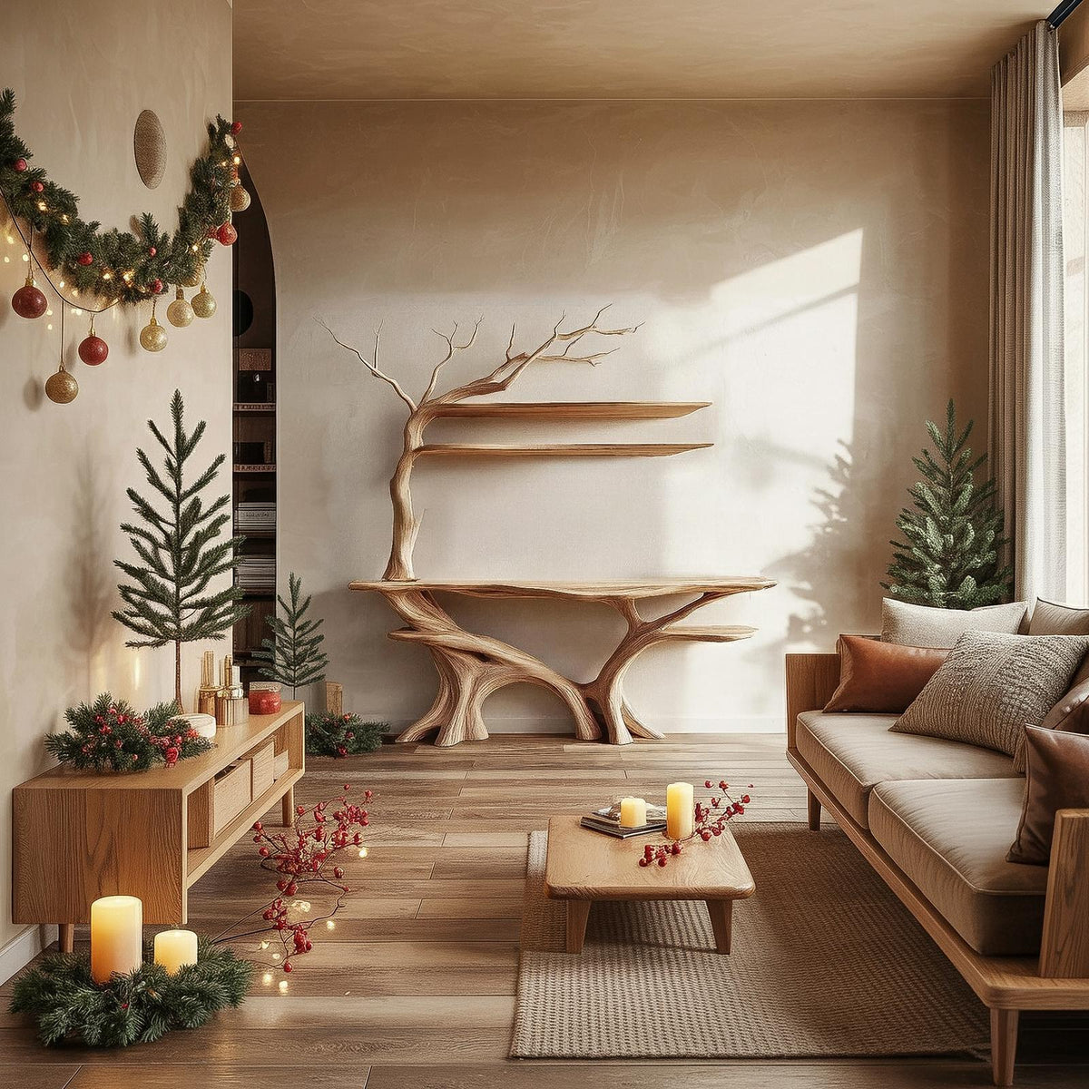 Rustic Tree Console Table, Sculptural Solid Wood Branch Base, Handcrafted Entryway & Foyer Holiday Table