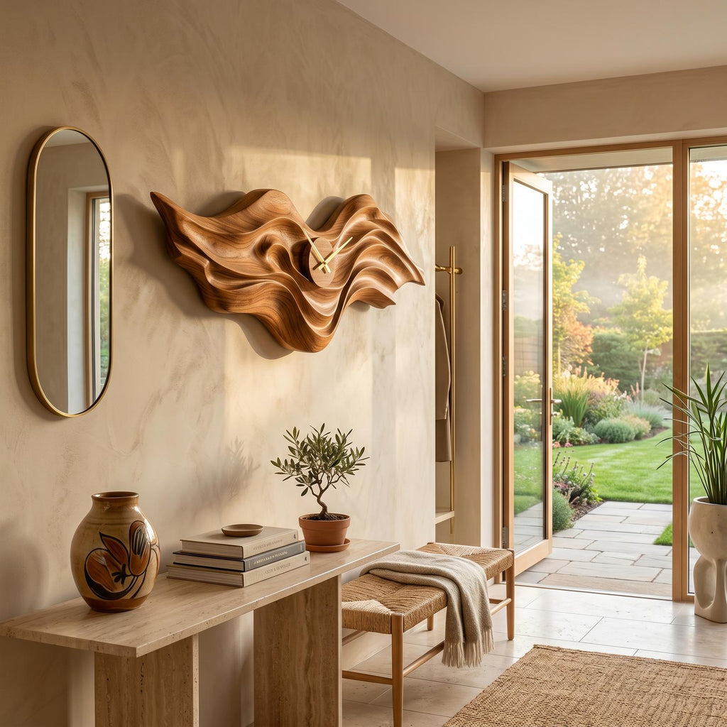 Organic Wood Wall Clock With Wave Sculpture For Living Interior