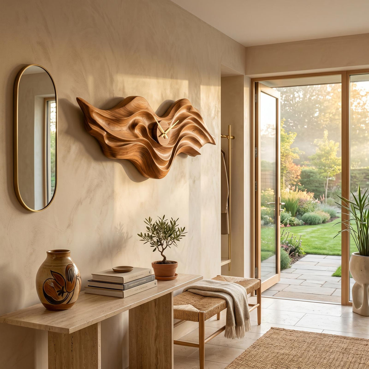 Organic Wood Wall Clock With Wave Sculpture For Living Interior