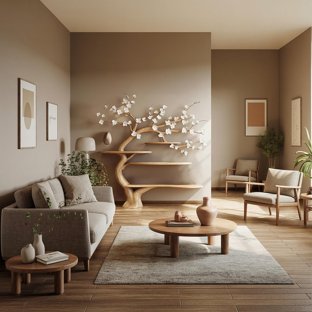 Rustic Organic Tree Bookshelf, Handcrafted Solid Wood Branch Shelving & Artistic Wall Display for Living Room Interior